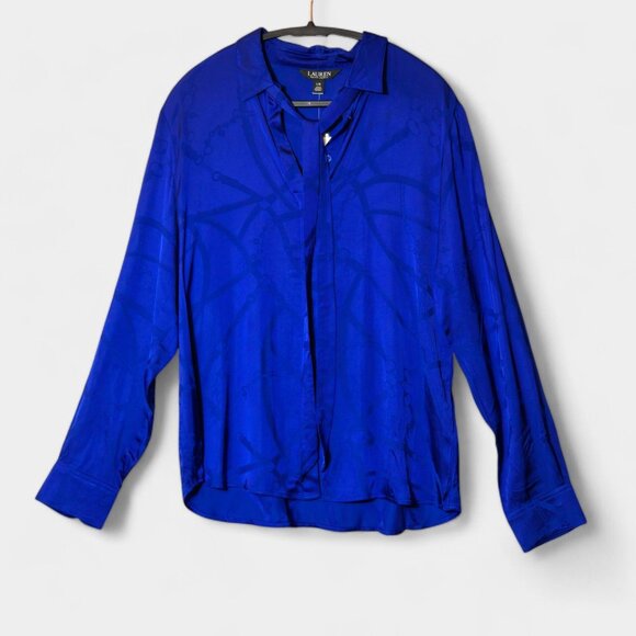 Ralph Lauren Satin Belting-Motif Jacquard Tie-Neck Shirt L Sapphire Star NWT - Picture 3 of 9